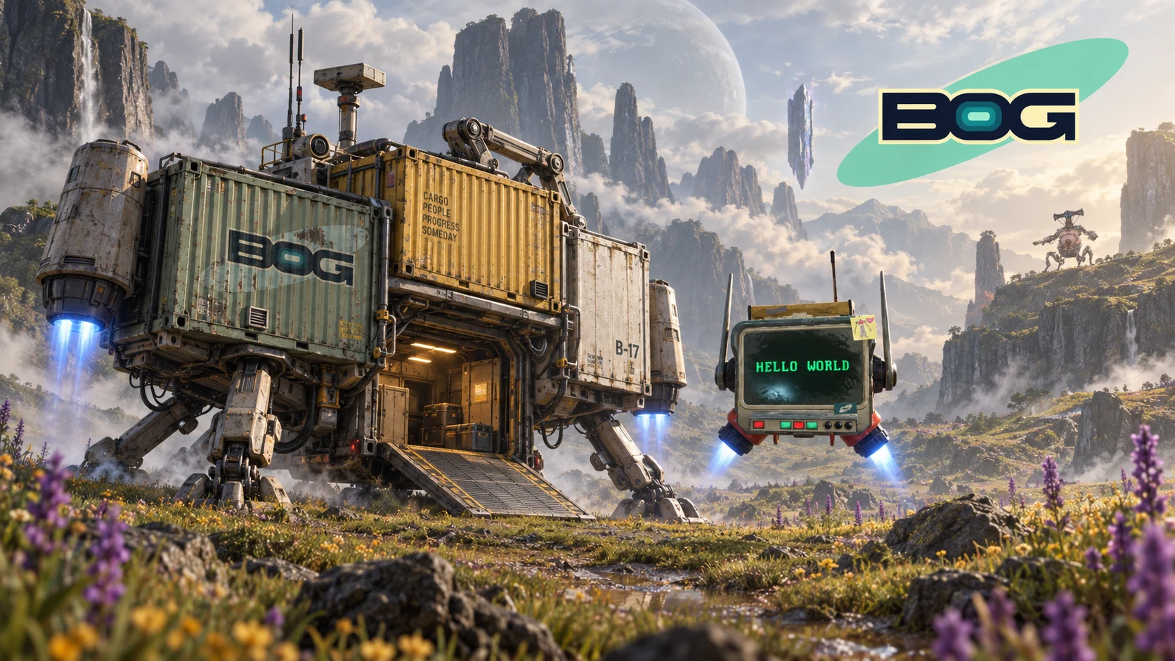 BOG concept artwork: a walking cargo ship and a floating robot in a mountain valley, beneath the BOG logo