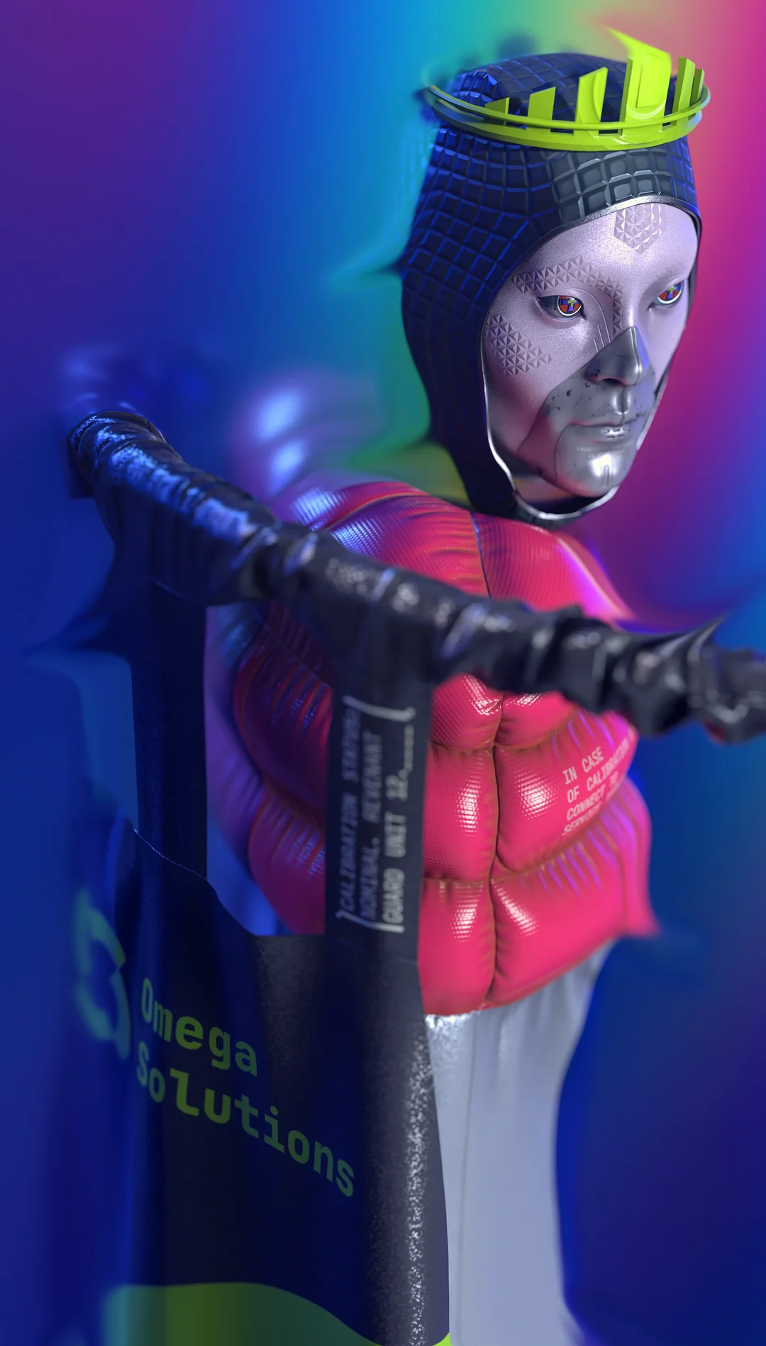 A BOG figure with a silver face, bright green crown and red padded suit