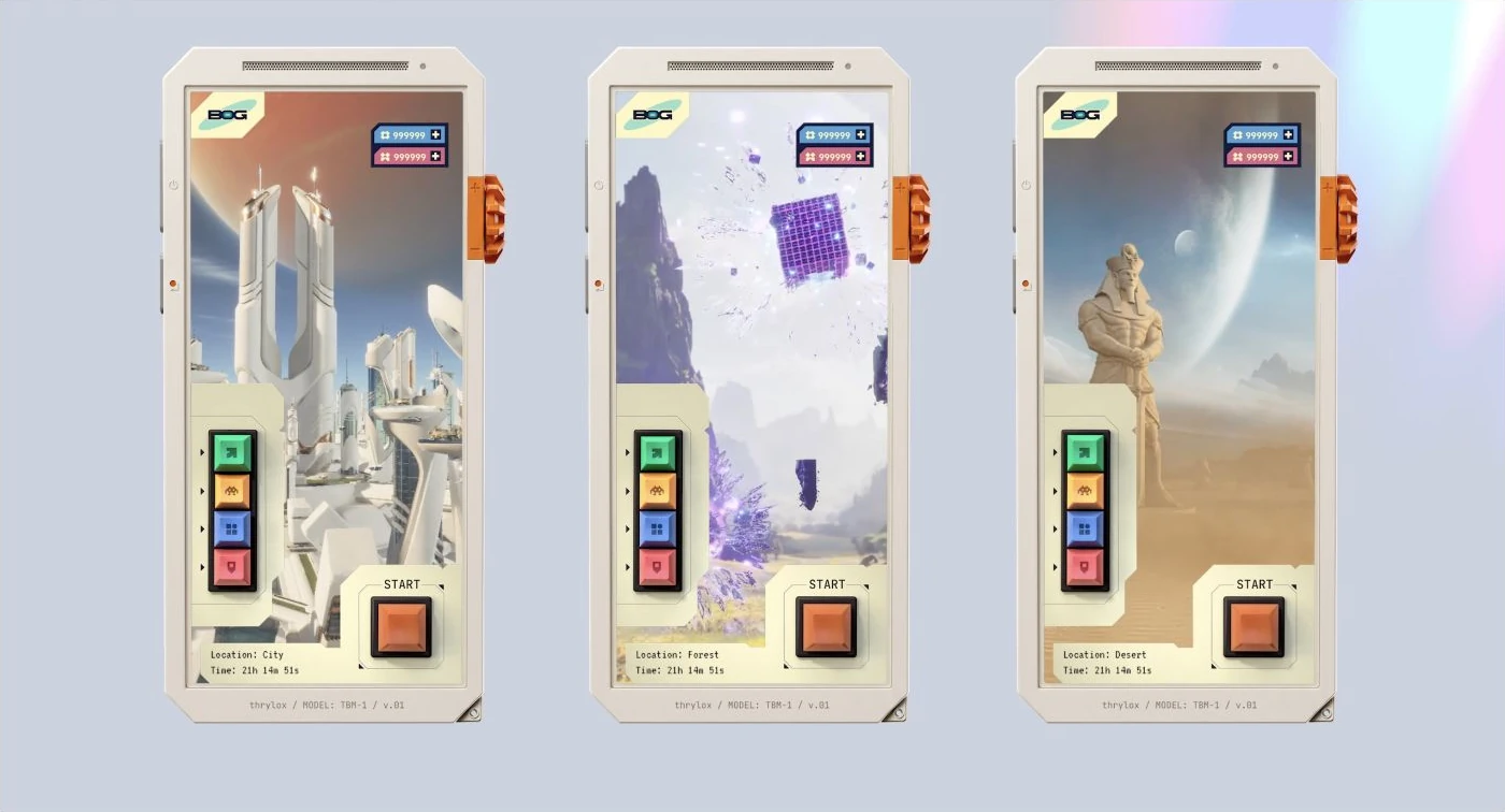 Destination views in BOG’s ship interface, presented in physical-looking handheld devices
