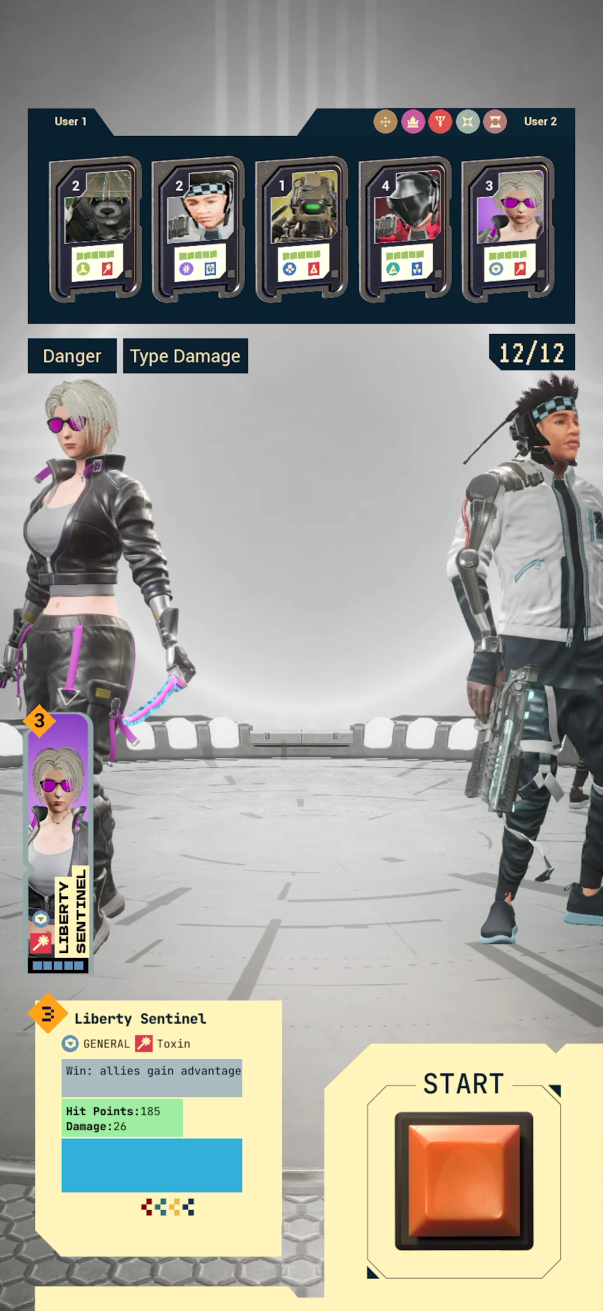 BOG’s figure-selection screen with a line-up and the Start control